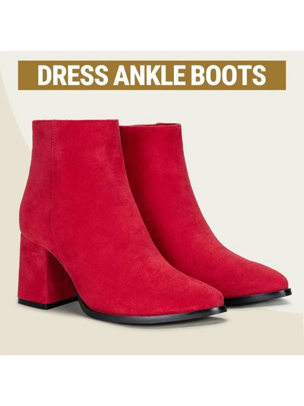 Women’s Red Pointed Toe Ankle Boots Chunky Block Heel Booties With Zipper